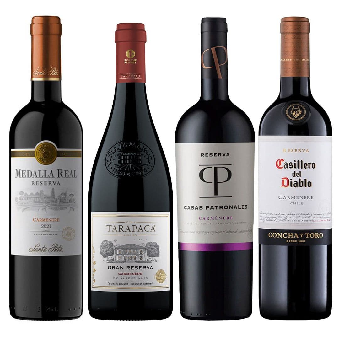 PACK MIX CARMENERE N°2: 1x Vino Medalla Real Reserva Carmenere 750cc + 1x Vino Tarapacá Gran Reserva Carmenere 750cc + 1x Vino Casas Patronales Reserva Carmenere 750cc + 1x Vino Casillero del Diablo Carmenere 750cc_1