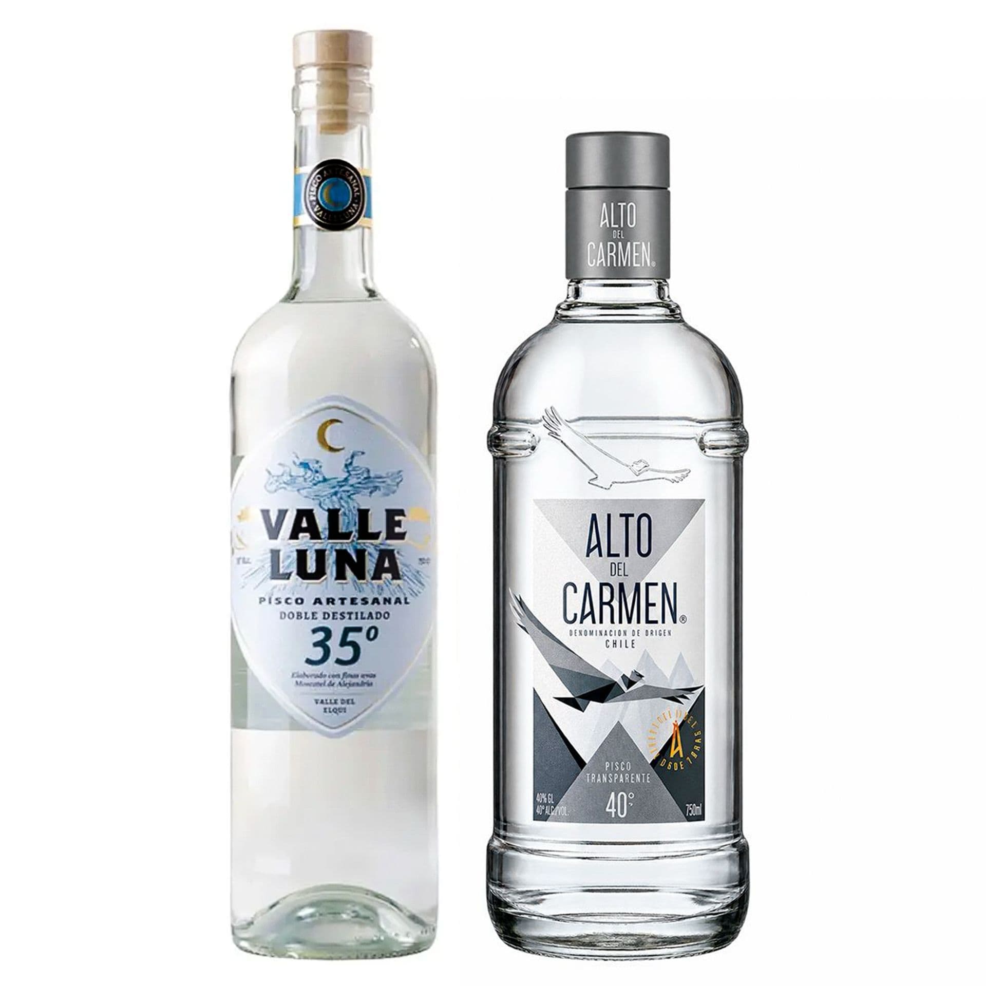 DUO ALTO DEL CARMEN - VALLELUNA: 1x Pisco Alto del Carmen Transparente 750cc 40º alc. + 1x Pisco Valleluna Doble Destilado 750cc 40° alc._1