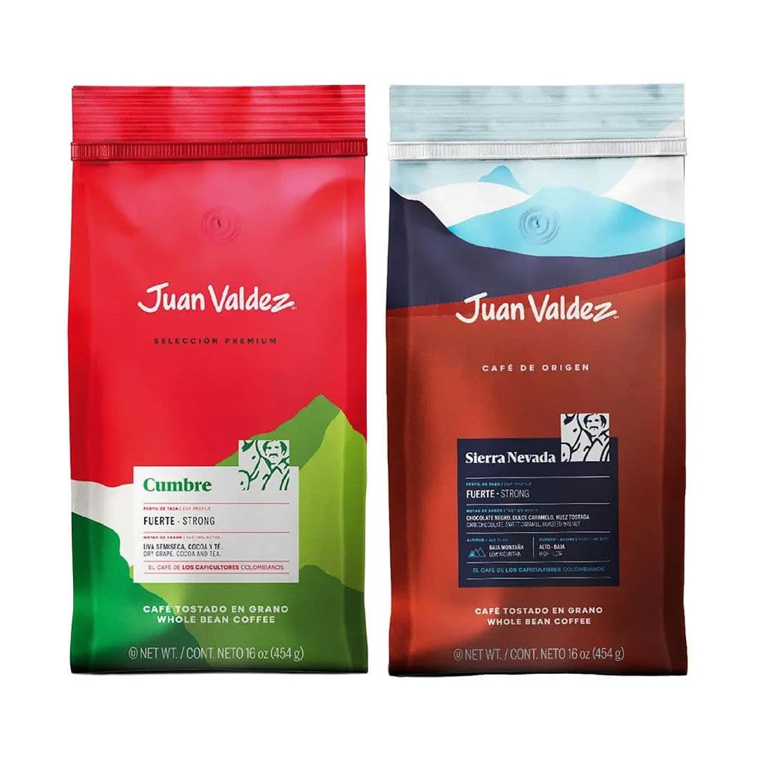 PACK CAFÉ EN GRANO JUAN VALDEZ Nº2 (454gr): 1x Café Juan Valdez Grano Premium Cumbres 454 grs. + 1x Café Juan Valdez Grano Origen Sierra Nevada 454 grs._1
