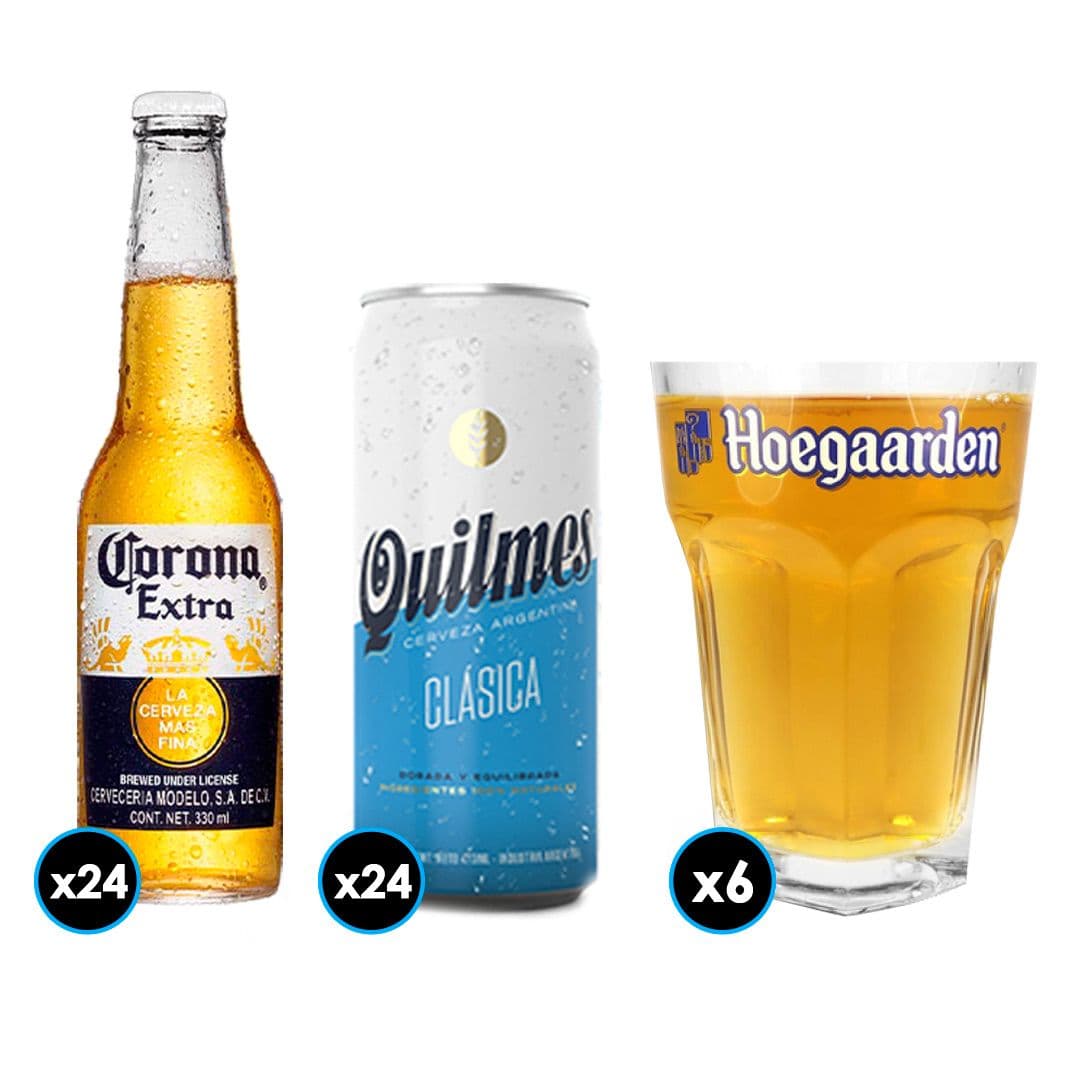 PACK CERVEZA: 24x Cerveza Corona Extra en Botellas 330cc + 24x Cerveza Quilmes Lata 473cc + 6x Vaso Vidrio Hoegaarden 500cc_1