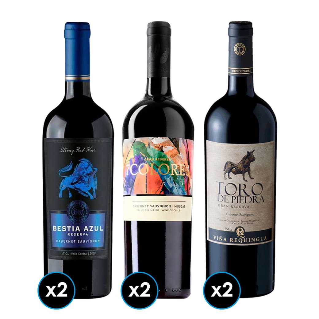 PACK PARRILLERO TINTOS: 2x Vino Toro de Piedra Cabernet Sauvignon 750cc + 2x Vino 7 Colores Gran Reserva Cabernet Sauvignon 750cc + 2x Vino Bestia Azul Cabernet Sauvignon 750cc_1
