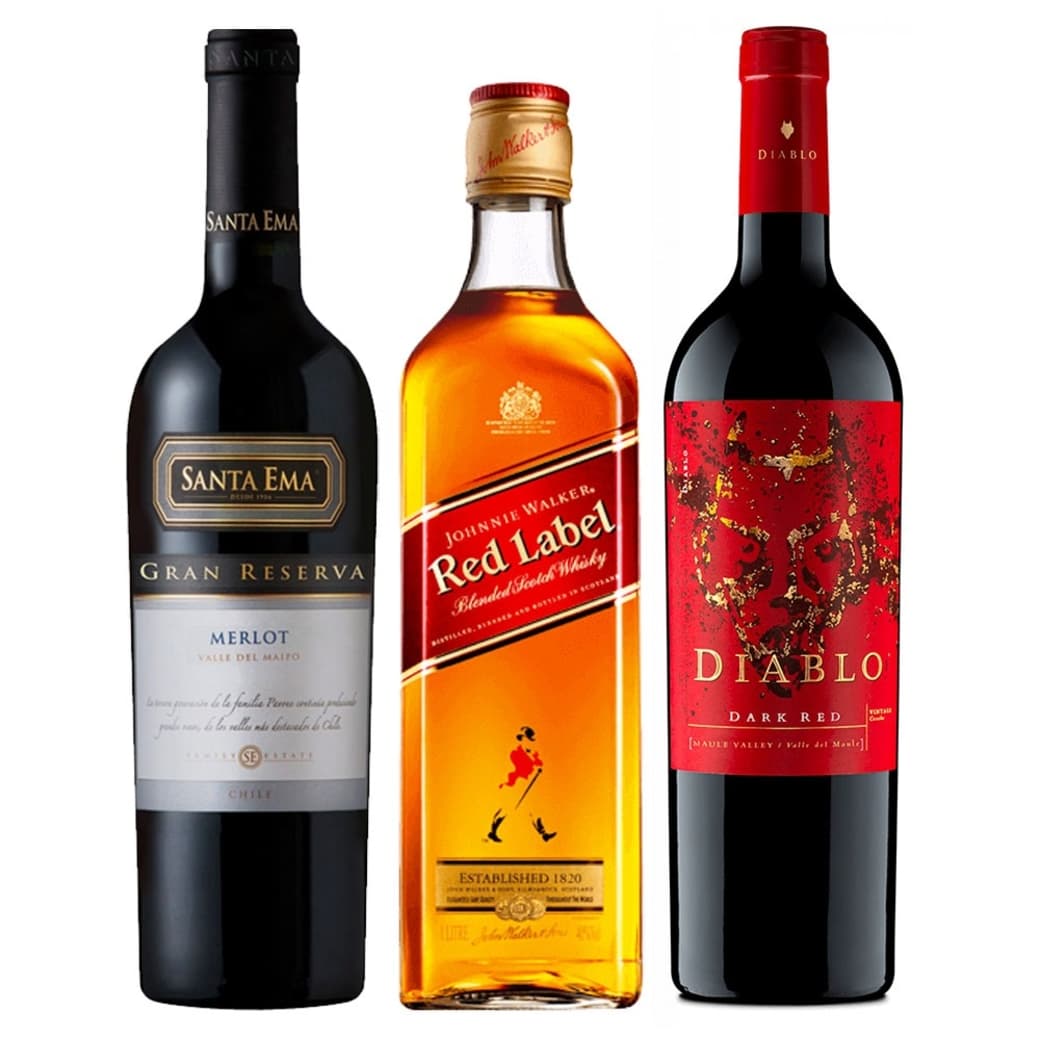 1x Whisky Johnnie Walker Red Label 750cc 40º alc. + 1x Vino Santa Ema Gran Reserva Merlot 750cc + 1x Vino Diablo Dark Red 750cc_1