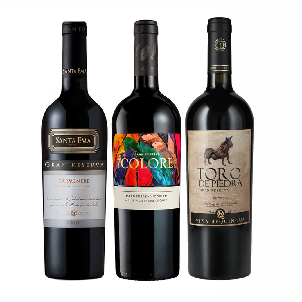 TRIFECTA CARMENERE: 1x Vino Santa Ema Gran Reserva Carmenere 750cc + 1x Vino Toro de Piedra Carmenere 750cc + 1x Vino 7 Colores Gran Reserva Carmenere 750cc_1